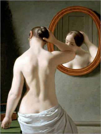 Galleritryk  En nøgen fra ryggen set kvinde sætter sit hår foran et spejl - Christoffer Wilhelm Eckersberg