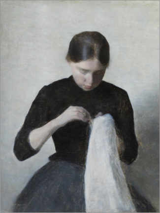 Lærredsbillede  En ung pige, der syr - Vilhelm Hammershøi