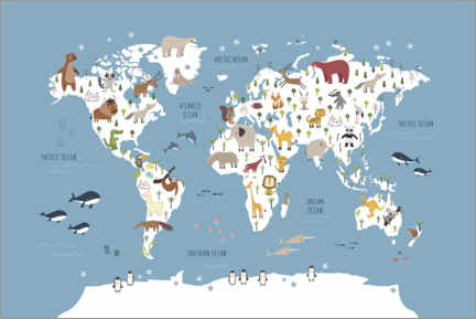 Lærredsbillede  World map with animals (blue) - Marta Munte