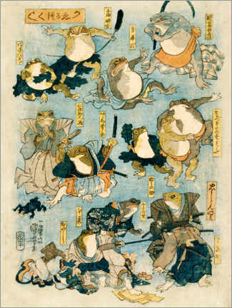 Print på træ  Famous heroes of the kabuki stage played by frogs - Utagawa Kuniyoshi