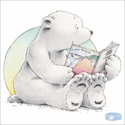 Galleritryk  The little polar bear Lars is reading a book