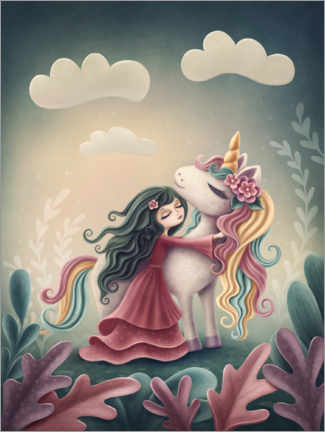 Print på skumplade  Unicorn with little girl - Elena Schweitzer