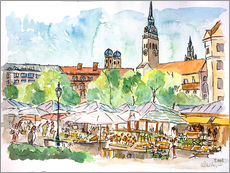 Selvklæbende plakat  Munich Food Market Square Day in Summer Aquarell - M. Bleichner