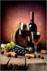 Selvklæbende plakat  Rødvin med druer og propper