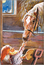 Selvklæbende plakat  Tomte matar häst i stall - Jenny Nyström