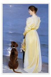 Plakat  Sommeraften ved Skagen. Kunstnerens hustru med hund ved strandkanten. - Peder Severin Krøyer