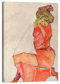 Lærredsbillede  Knælende pige i orangerød kjole - Egon Schiele