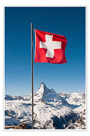 Plakat  Matterhorn with swiss flag. Zermatt, Switzerland. - Peter Wey