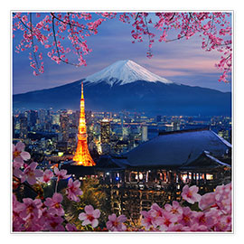 Plakat  Tokyo Tower og bjerget Fuji