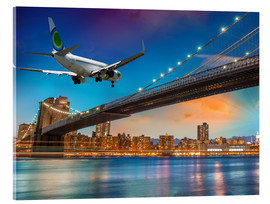 Akrylbillede  Aircraft flying over Brooklyn Bridge in New York