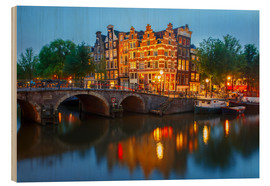 Print på træ  Night city view of Amsterdam