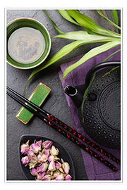 Plakat  Asian sushi chopsticks, tea and teapot