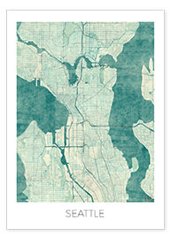 Plakat  Seattle Map Blue - Hubert Roguski