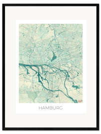 Kunsttryk i ramme  Kort af Hamborg, Tyskland (blå) - Hubert Roguski