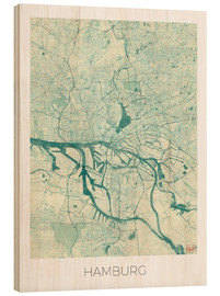Print på træ  Kort af Hamborg, Tyskland (blå) - Hubert Roguski