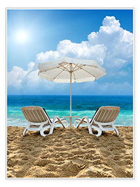 Plakat Beach chair and white umbrella on sand beach