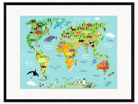 Kunsttryk i ramme  Animal Worldmap - Kidz Collection